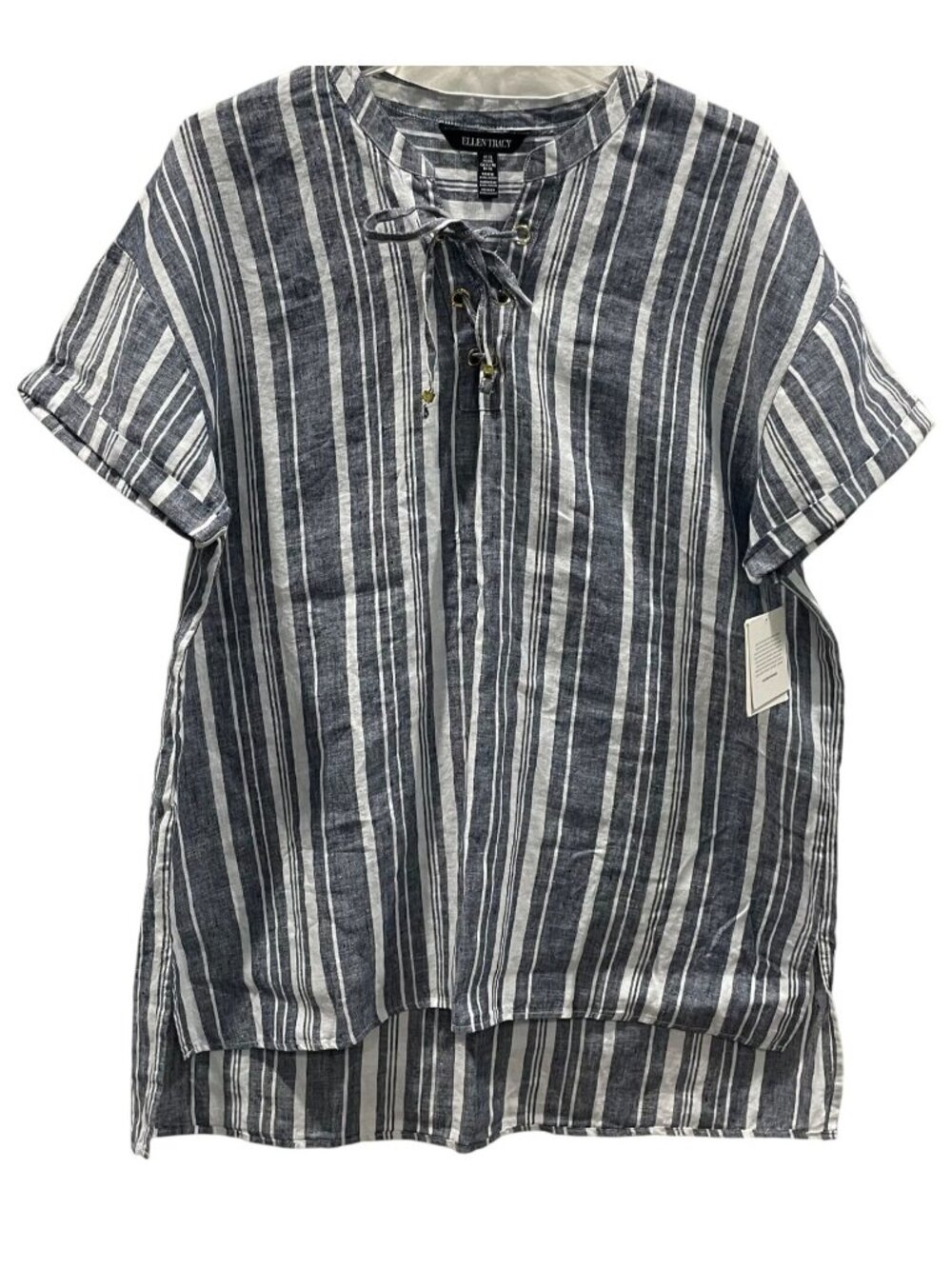 Ellen Tracy Linen Striped Lace Up Tunic Top XL Black Coastal Nautical Hippie